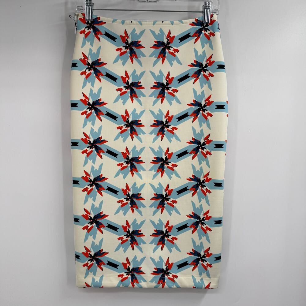 NWT Tonya Taylor Bundy Pencil Skirt Womens 4 Microknit Blue Pinwheel Geo Print